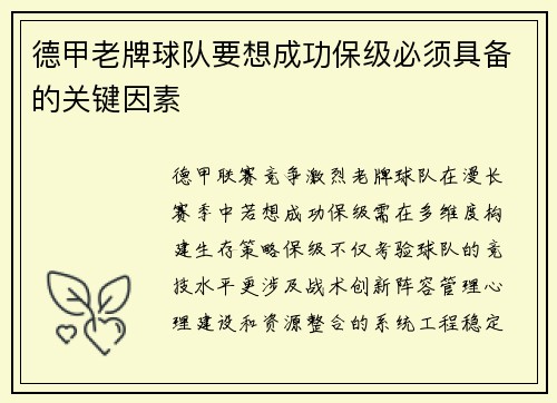 德甲老牌球队要想成功保级必须具备的关键因素